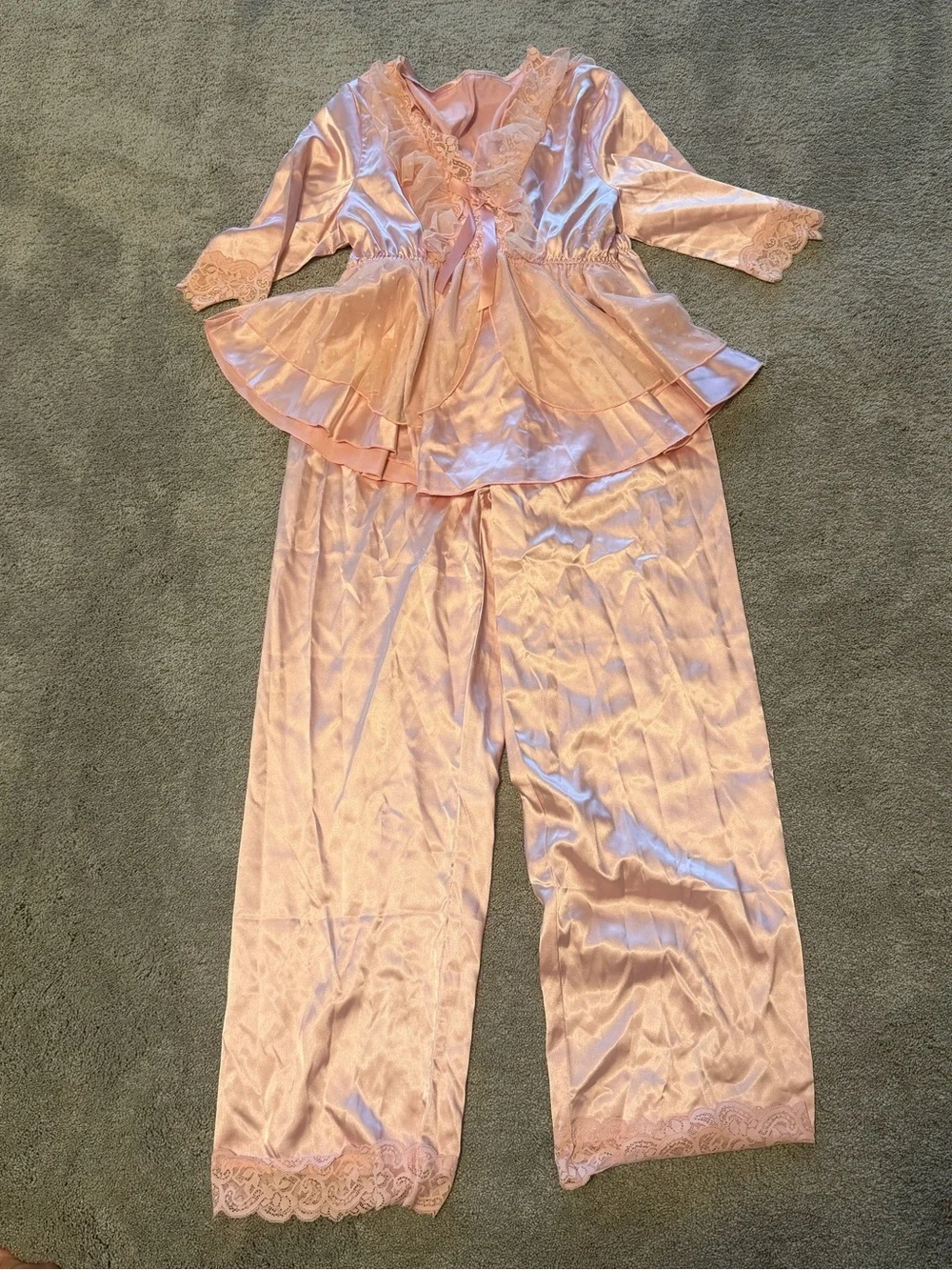 Women's Pink Satin Lace Trim Pajama Set -M